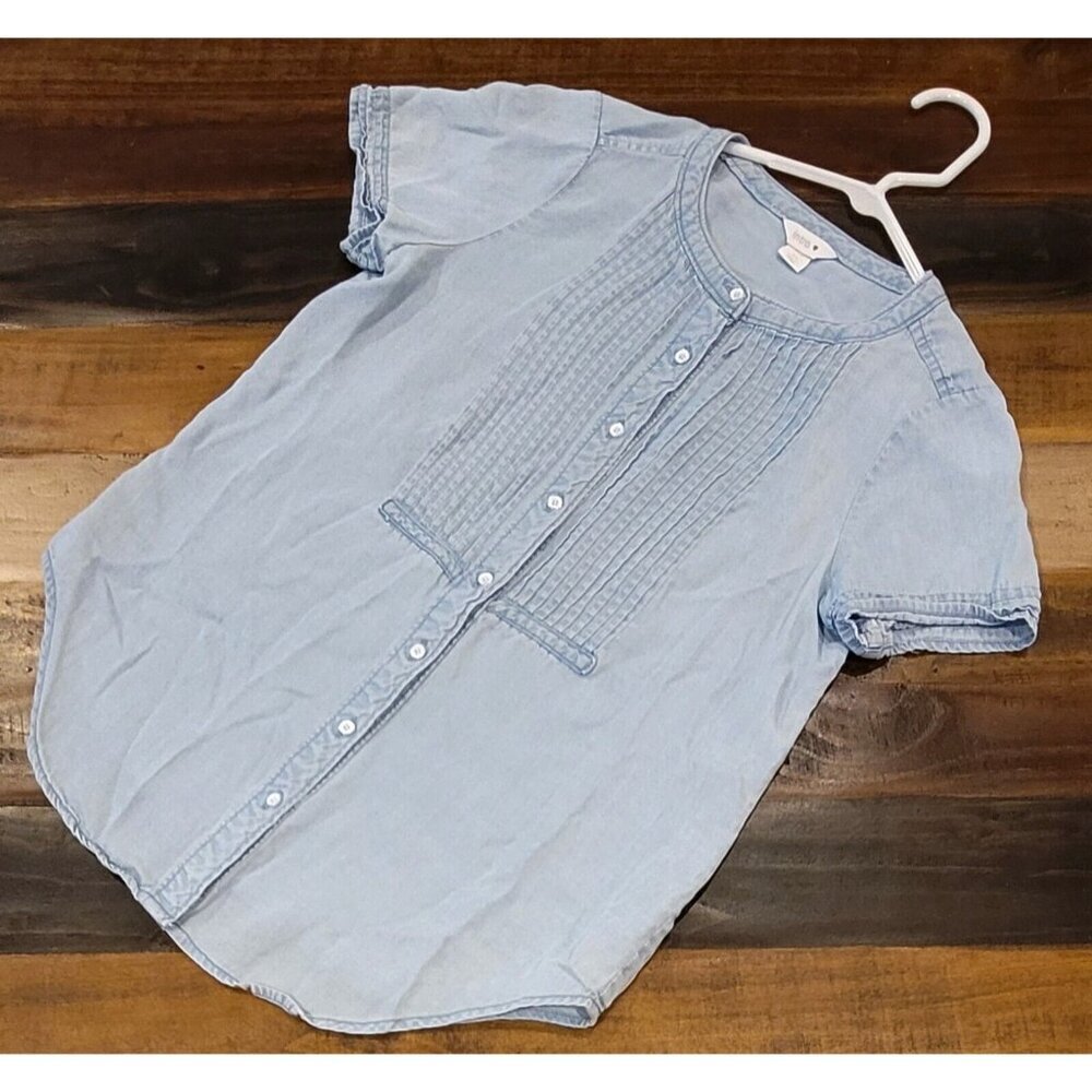 Intro Love Petite Button Up Blouse Pin Tucked Front Light Blue Blouse Size PS